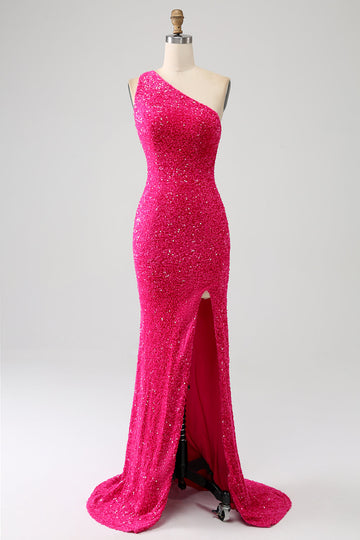 Sirena brillante Vestido largo de fiesta de lentejuelas fucsias de un hombro con abertura